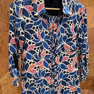 Vibrant Blue and Red Patterned Shirt